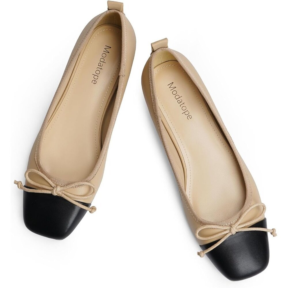 Women's Nude Black Ballet Flats with Bow Ballerina Closed Square Toe Slip on